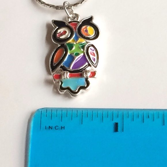 Owl Pendant Necklace Bird Multicolor Pop Aart Enamel Patchwork 19" Silver Plated - Picture 8 of 8